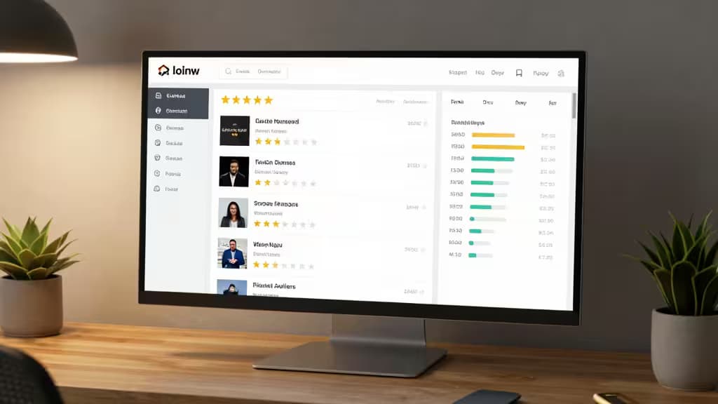 Monitor displays AI reputation dashboard with star ratings and analytics on wooden desk.