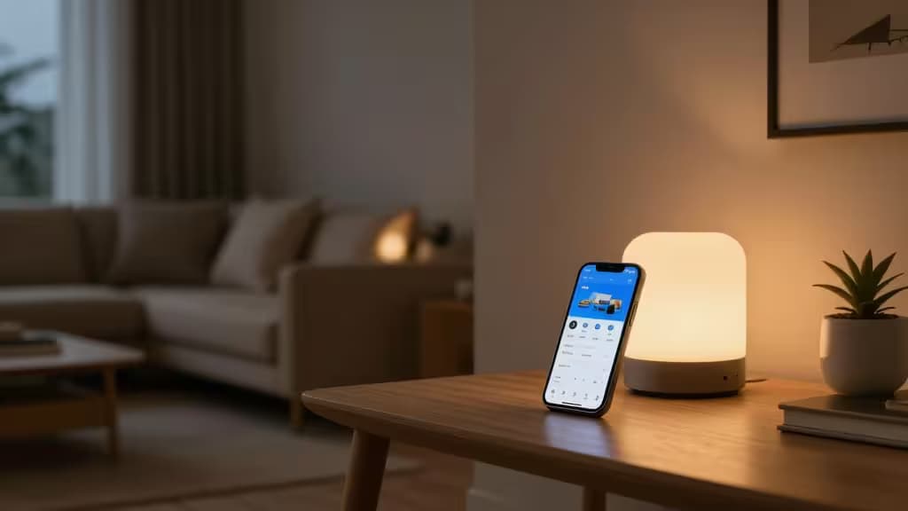Smartphone su tavolo di legro mostra app di monitoraggio casa accanto a lampada accesa in salotto moderno.