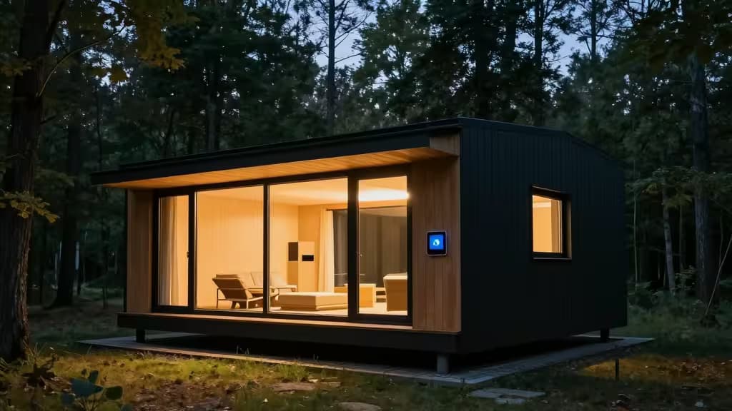 Cabin in metallo nero con dettagli in legno, interno illuminato e sensore smart blu sulla parete esterna, immerso nella foresta al crepuscolo.