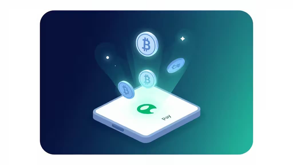 Светящиеся монеты Bitcoin поднимаются от белой карты Google Pay на фоне бирюзового градиента.