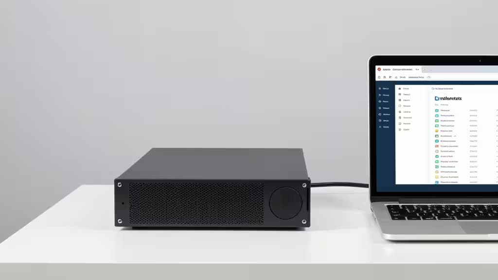 Black server unit connected to laptop displaying Kubernetes dashboard on white desk.