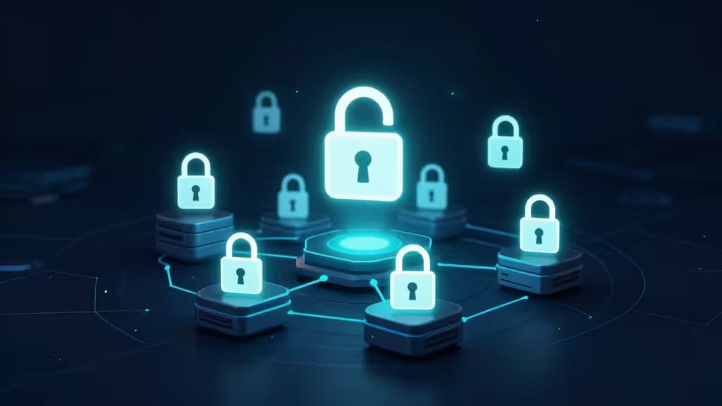 Glowing padlocks on server nodes connected by blue lines, representing secure Kubernetes secrets management.
