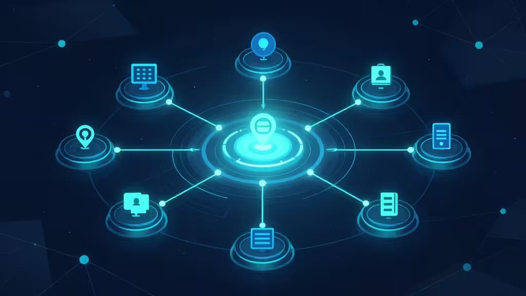 Glowing blue holographic icons orbit a central platform hub, connected by luminous data streams against a dark digital background.