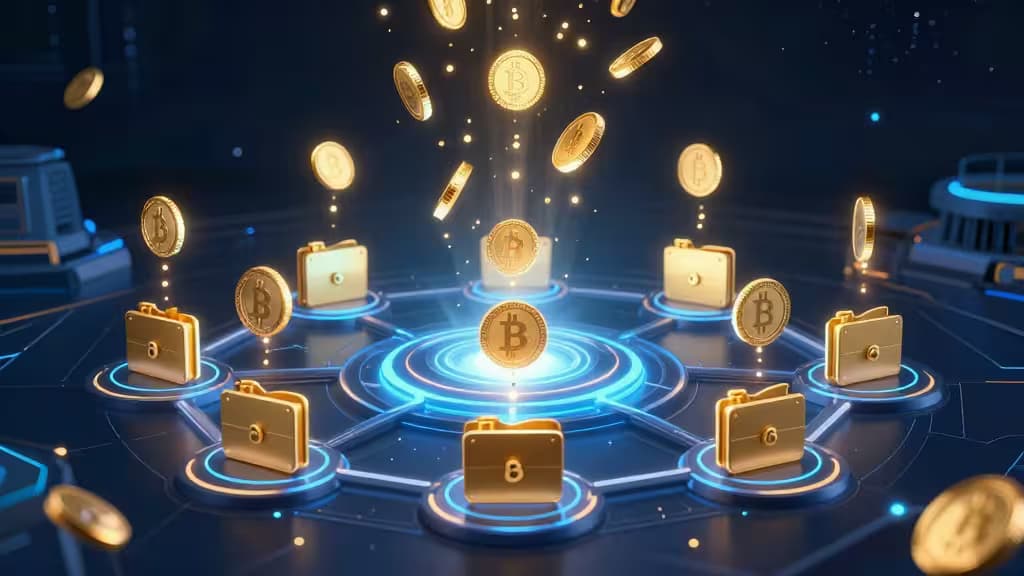 Abstract illustration of glowing digital coins raining down into interconnected wallet nodes across a dark futuristic blockchain network with neon blue and gold accents.