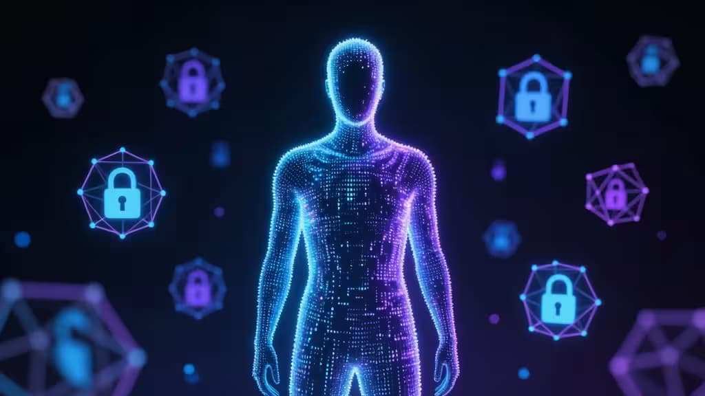 Una figura digitale luminosa circondata da icone di lucchetto in un ambiente futuristico scuro, a rappresentare la privacy nelle criptovalute.