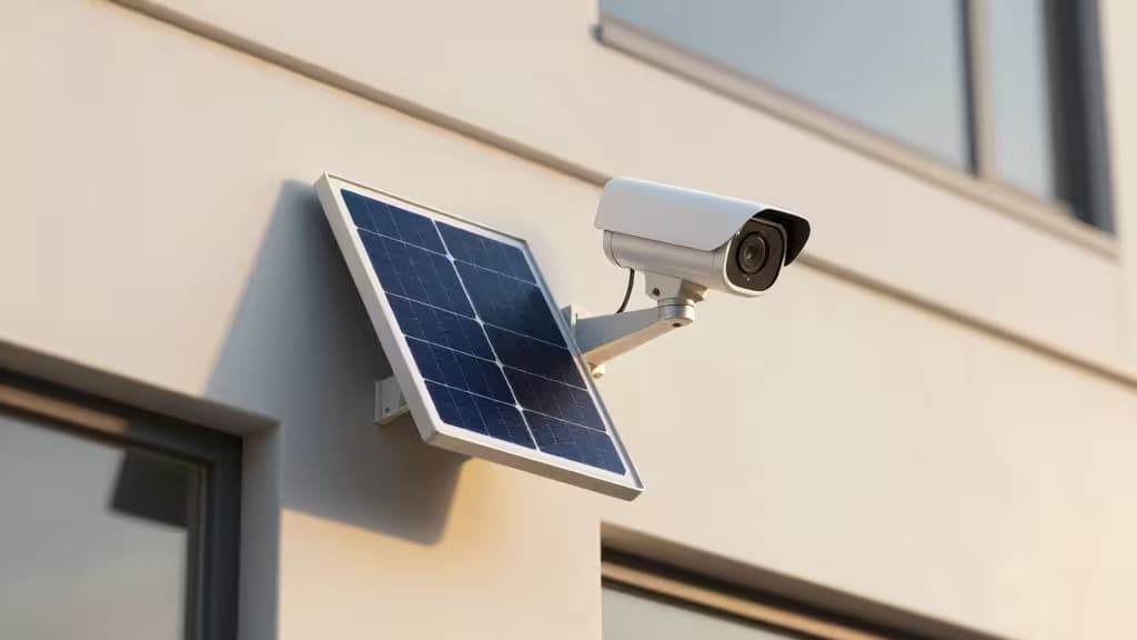 Biała kamera bezpieczeństwa na solarę z panelem fotowoltaicznym, zamontowana na beżowej ścianie zewnętrznej.