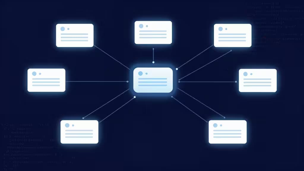 Glowing white code blocks radiate from a central hub on a dark blue background, illustrating an AI-driven pull request review workflow.