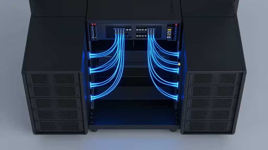 Glowing blue cables connect server racks, symbolizing seamless MySQL database migration under $50.
