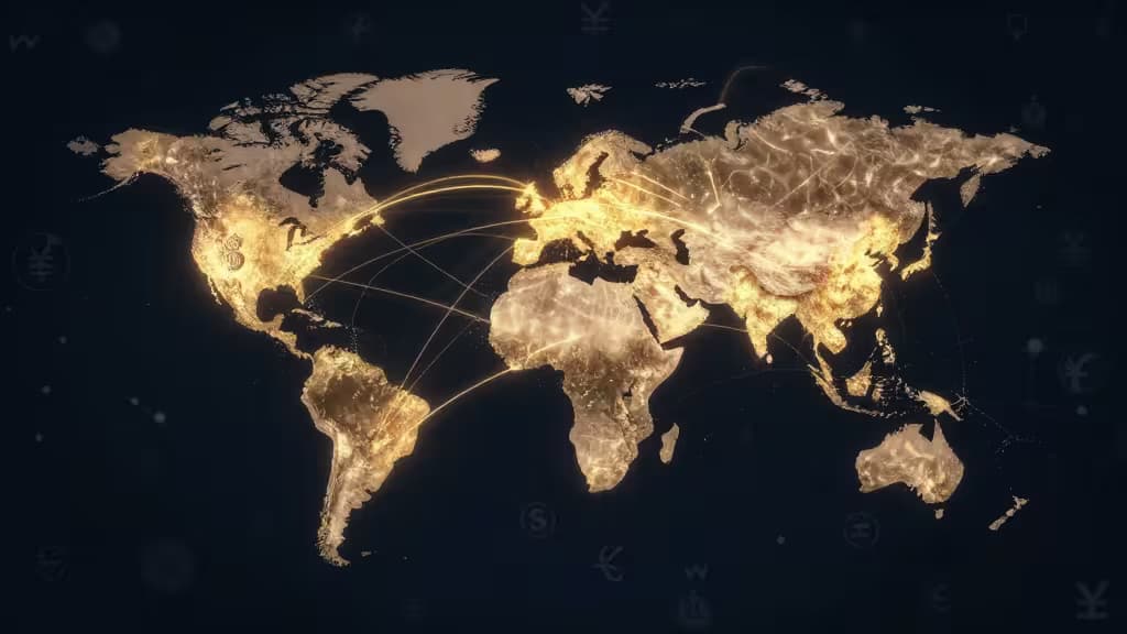 Globo terrestre com trilhas de luz dourada conectando centros financeiros internacionais sobre fundo azul-escuro, simbolizando transferências de dinheiro transfronteiriças.