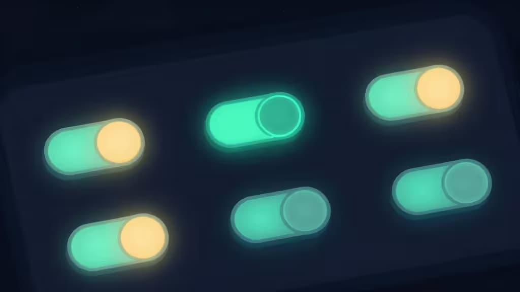 Interruptores de alternância em verde-azulado iluminam um painel escuro, simbolizando feature flags ativas para ferramentas de startup acessíveis.