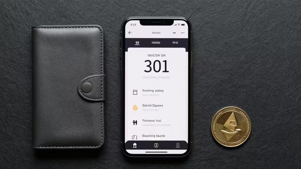 Black leather wallet, smartphone displaying staking app, and gold Ethereum coin on dark textured surface.