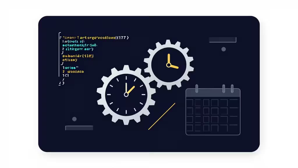 Abstrakte Illustration ineinandergreifender Zahnräder mit Code-Klammern und Kalenderraster auf dunklem Navy-Hintergrund mit Teal- und Bernstein-Akzenten