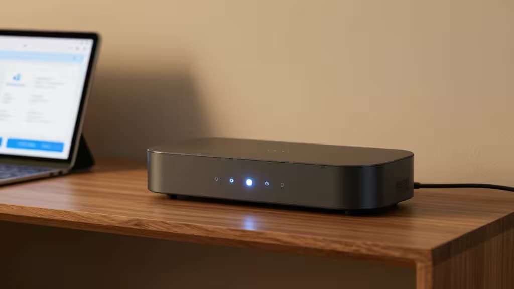 Hub domotique noir avec LED bleue posé sur un bureau en bois à côté d'un ordinateur portable