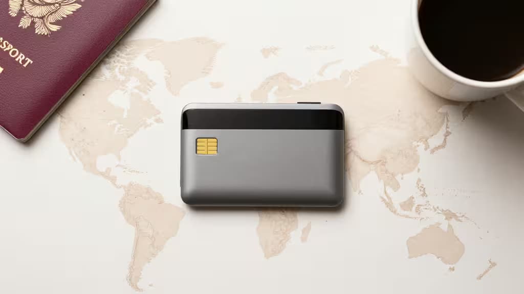 A credit-card-sized crypto hardware wallet resting on a world map alongside travel items like a passport and coffee cup, in warm editorial lighting.