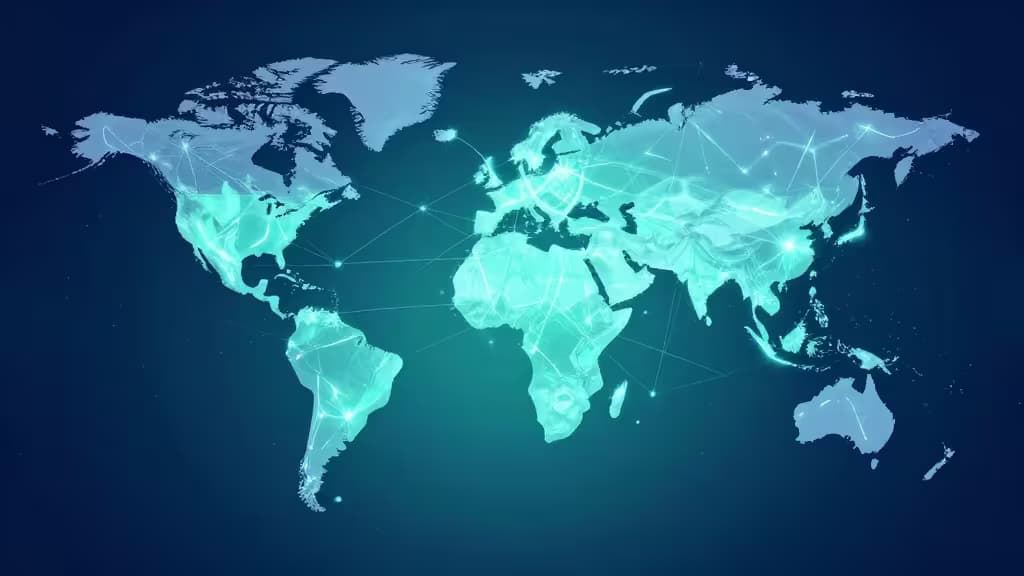 Abstract illustration of a secure VPN tunnel connecting global locations with a shield motif on a deep blue gradient background