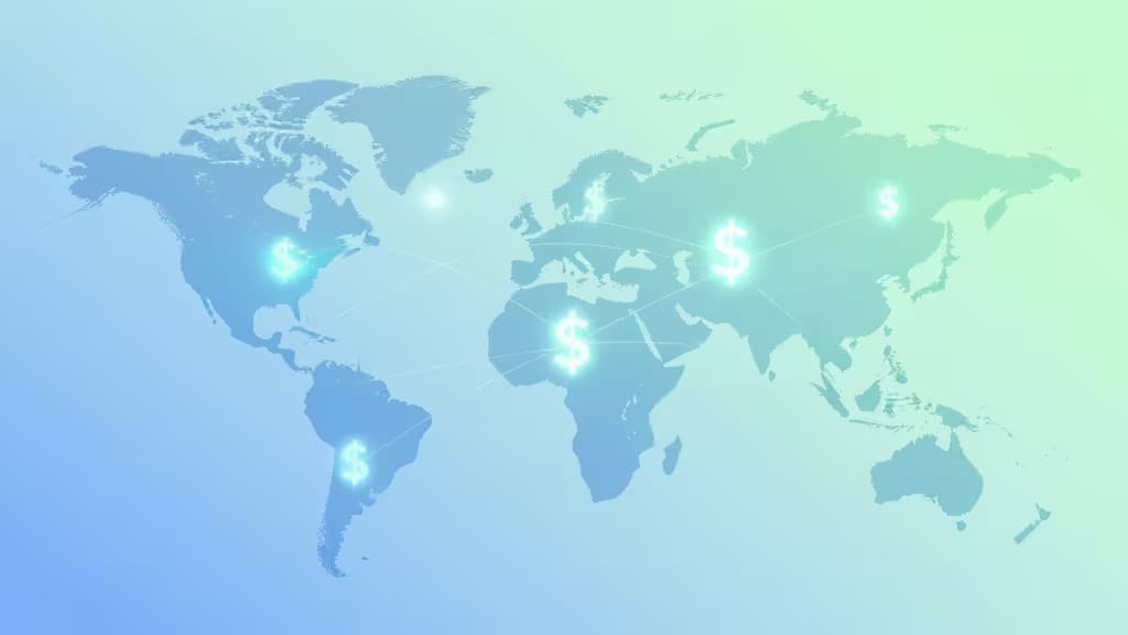Glowing dollar signs connect continents on a blue-green world map, symbolizing global remittance app transfers.