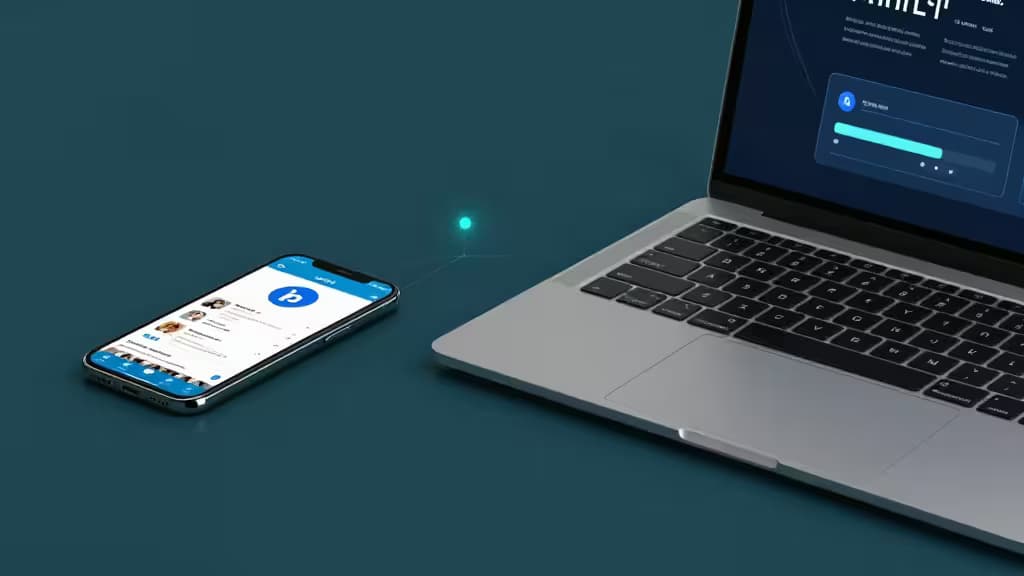 Een strakke zilveren laptop en zwarte smartphone tonen LinkedIn AI-tools op een minimalistisch donkerblauw bureau.