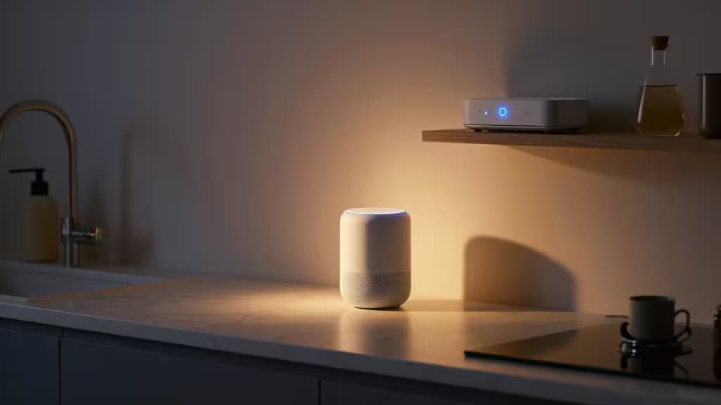 Smart speaker e hub brancos sobre balcão de mármore, iluminados por luz ambiente quente contra fundo de cozinha minimalista.