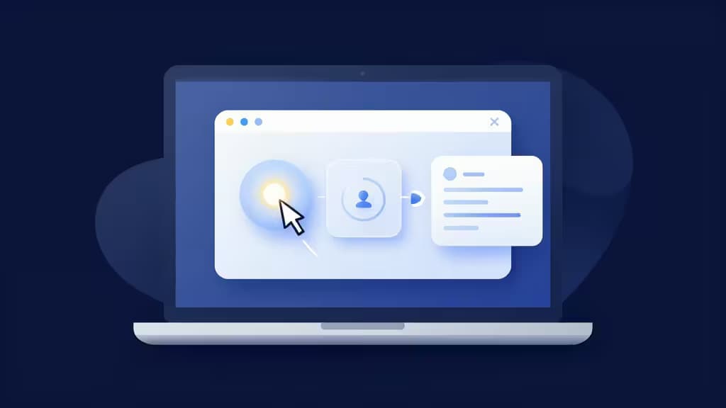 Laptop screen displays glowing interactive UI elements, cursor hovering over a highlighted button, symbolizing AI-driven product demo creation.