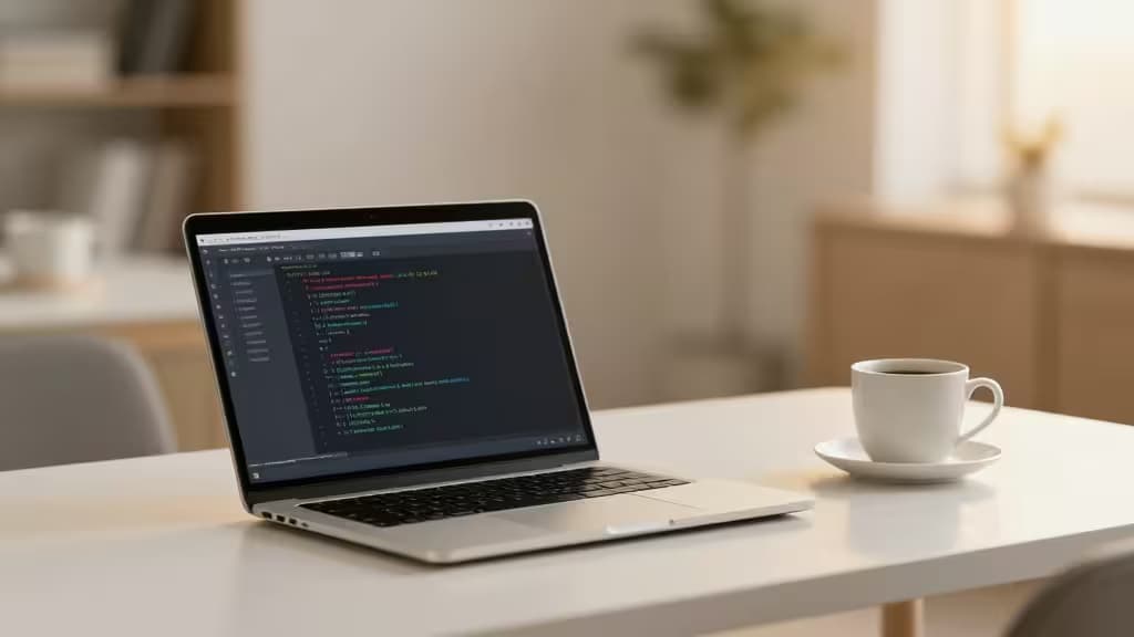 Laptop displays AI coding assistant interface beside coffee cup on minimalist desk.