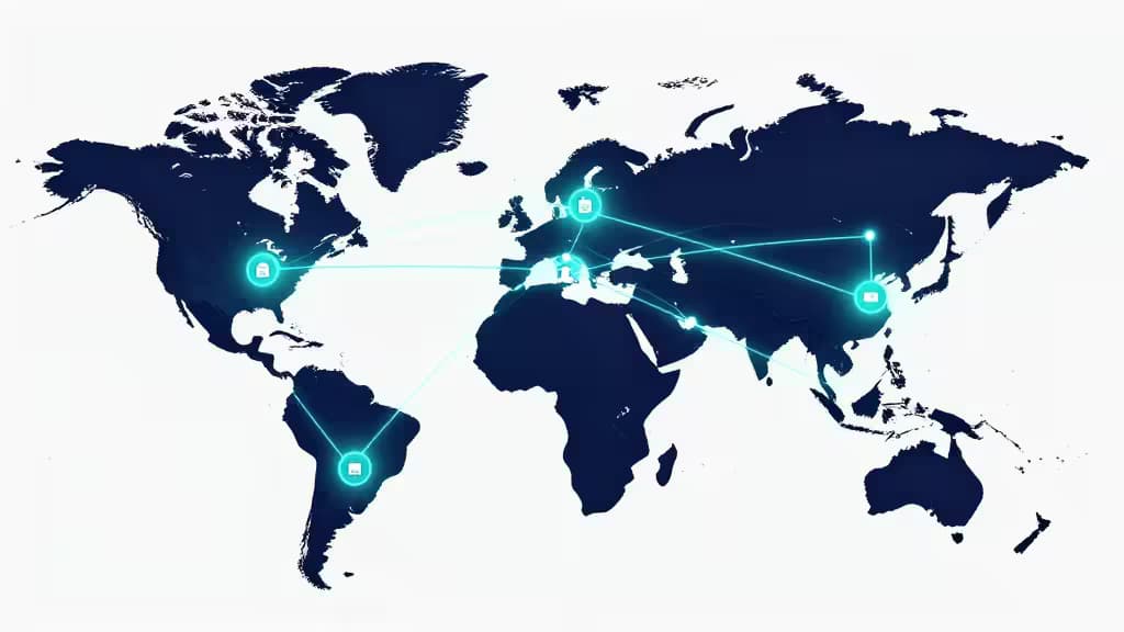 Glowing digital icons connect global continents via luminous lines on a dark blue world map, symbolizing international stablecoin payroll services in 2026.