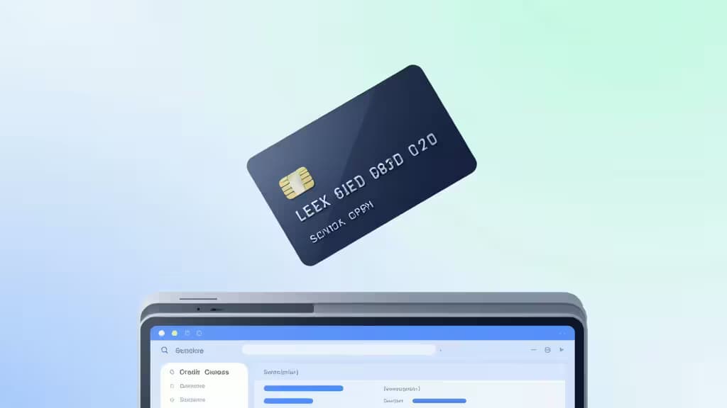 ビジネスクレジットカードとソフトウェアサブスクリプションのダッシュボードを表示するノートパソコンの抽象的なイラスト