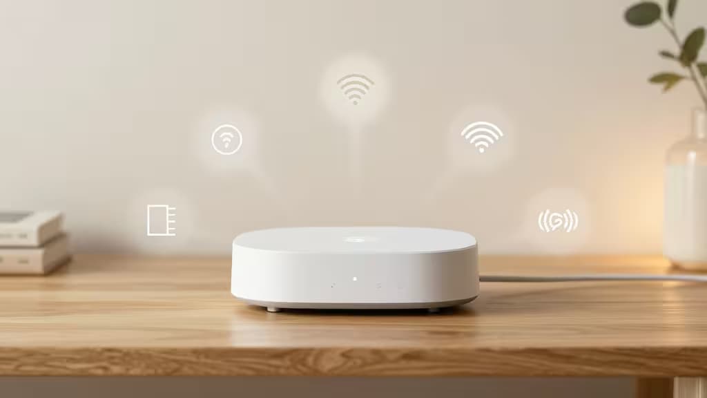 Hub domotique blanc sur une table en bois, émettant des signaux Wi-Fi, symbolisant le contrôle local et la vie privée