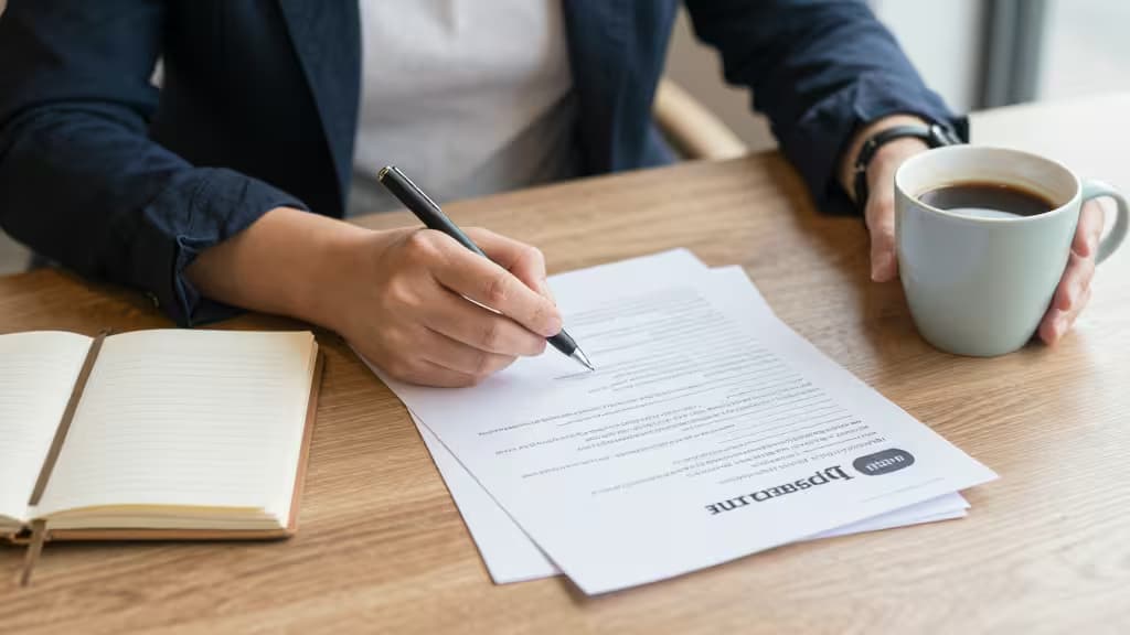 Personne signant des documents de prêt sur une table en bois avec une tasse de café et un carnet à proximité.