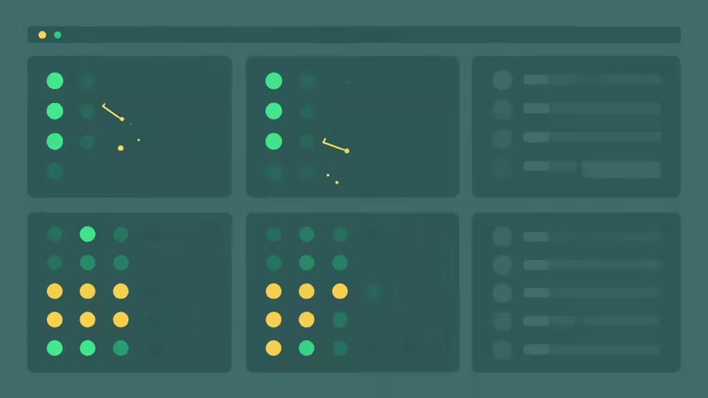 Teal dashboard displays green and yellow status dots across six panels, representing open source monitoring tools for developers.