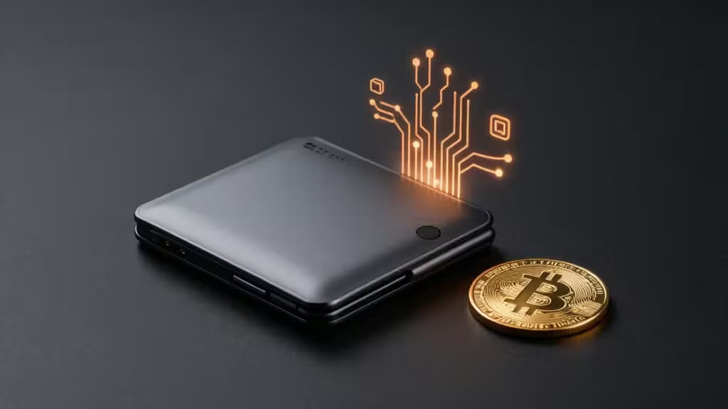 A sleek black crypto wallet emits glowing circuitry beside a golden Bitcoin coin on dark surface.