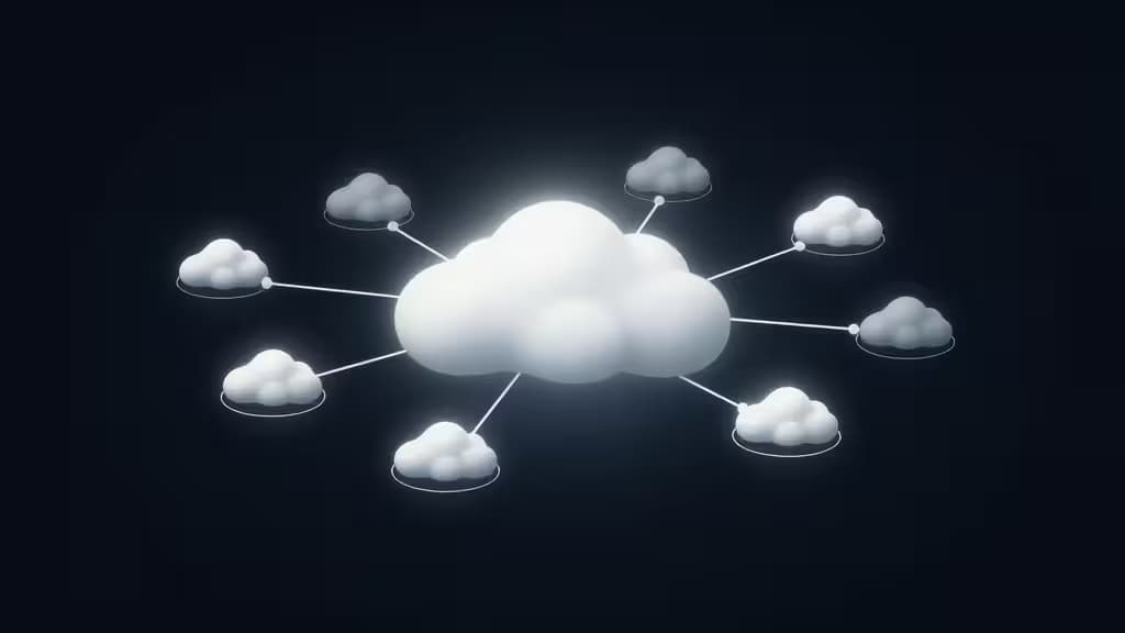 Central glowing cloud connects eight smaller clouds via white lines on dark background.
