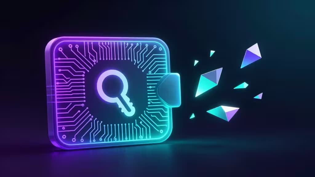 Abstrakcyjna wizualizacja bezpiecznego portfela kryptowalutowego na blockchainie Solana — świecące wzory obwodów w fiolecie i turkusie, stylizowana ikona klucza na ciemnym tle