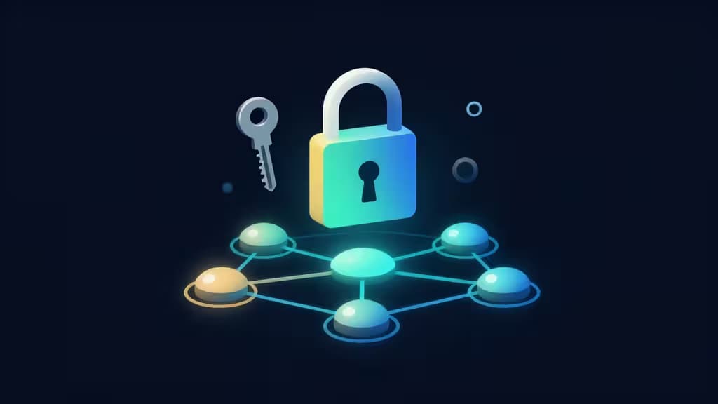 Glowing padlock and key hover above interconnected cluster nodes on dark background.