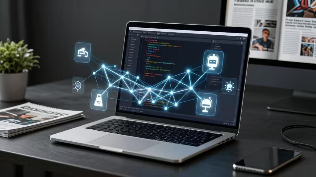 Laptop displays AI code with floating neural network icons on dark desk.