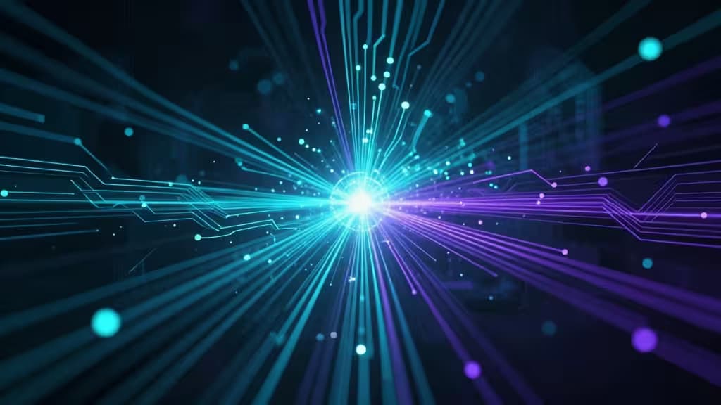 Abstract glowing teal and purple data streams converging into a central luminous node on a dark background, representing high-speed Solana blockchain trading.