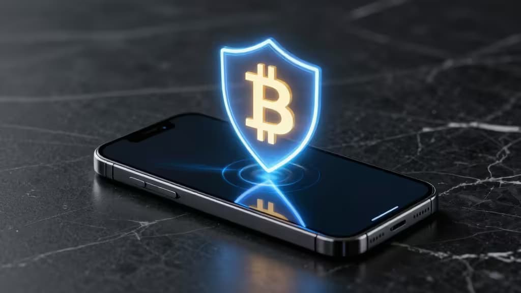 A sleek smartphone displays a glowing holographic Bitcoin shield, symbolizing advanced crypto security on mobile devices.