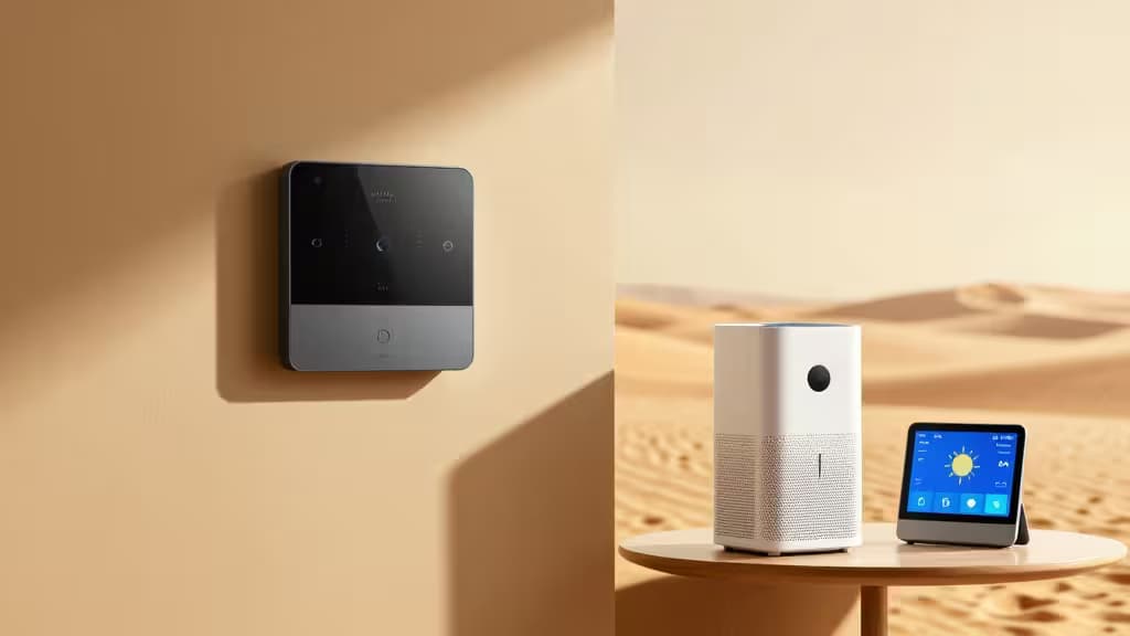 A sleek black sprinkler controller mounts on a beige wall beside a white air purifier and smart display on a wooden table against a sunlit desert backdrop.