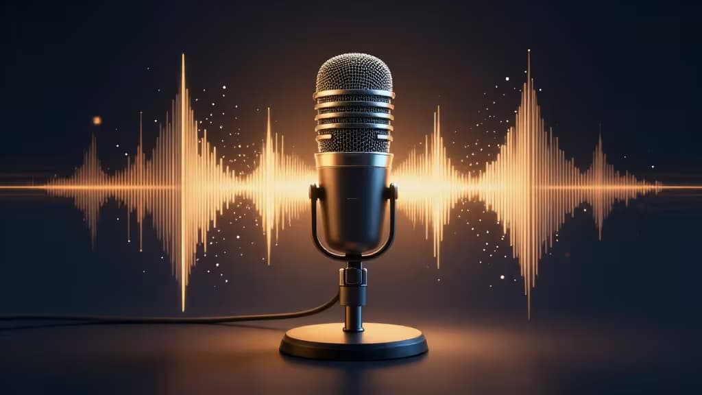 A vintage microphone stands center stage, flanked by glowing golden soundwaves against a dark, starry backdrop.