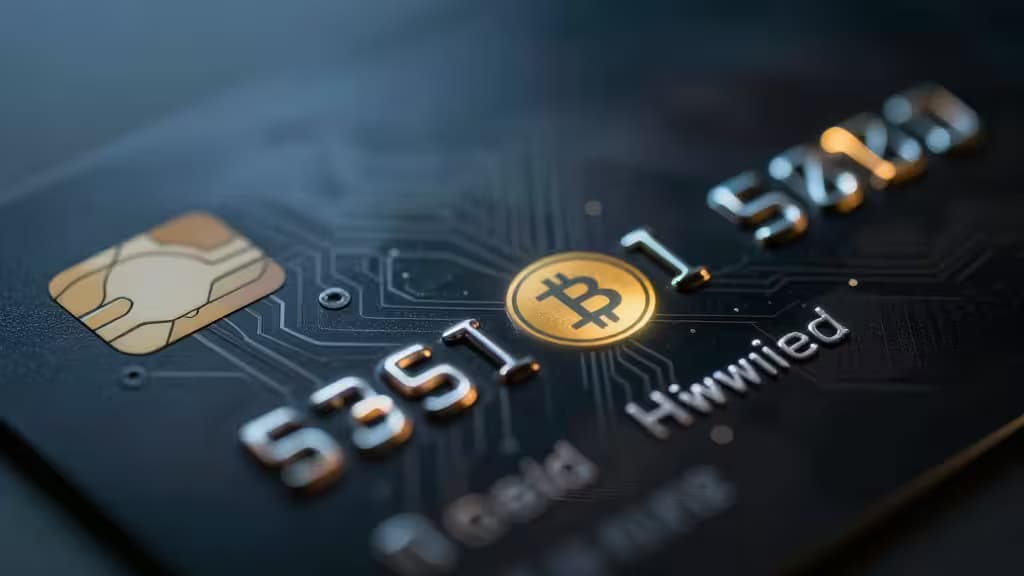 Une carte crypto débit noire et élégante avec des chiffres en relief et un logo Bitcoin lumineux.