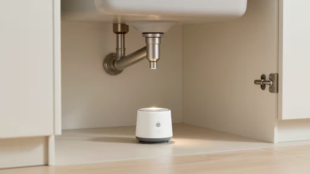 Sensor de fugas inteligente colocado dentro de un gabinete bajo el fregadero de una cocina, con tuberías visibles encima e iluminación suave.