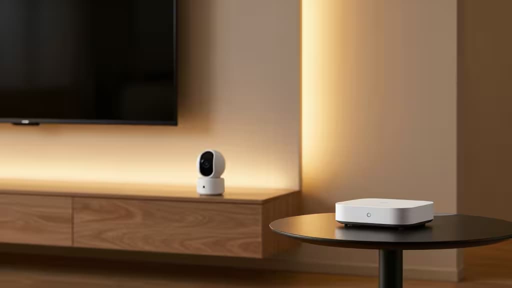 Gemütliches modernes Wohnzimmer mit smarten LED-Lichtstreifen hinter dem Fernseher, einer kleinen weißen Sicherheitskamera und einem kompakten Smart-Home-Hub auf einem Beistelltisch.