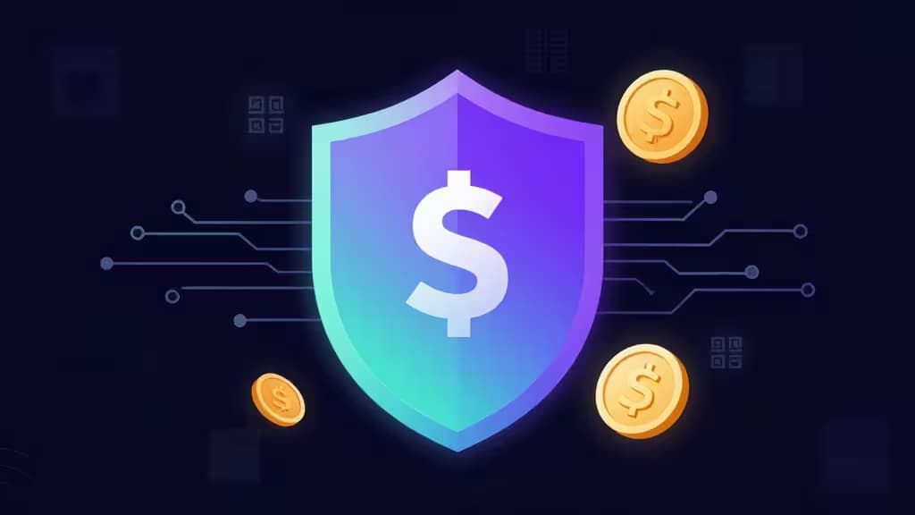 Un bouclier violet lumineux avec un symbole dollar, entouré de pièces dorées et de lignes de circuit, symbolise la protection sécurisée d'un wallet Solana pour le staking et les tokens SPL en 2025.