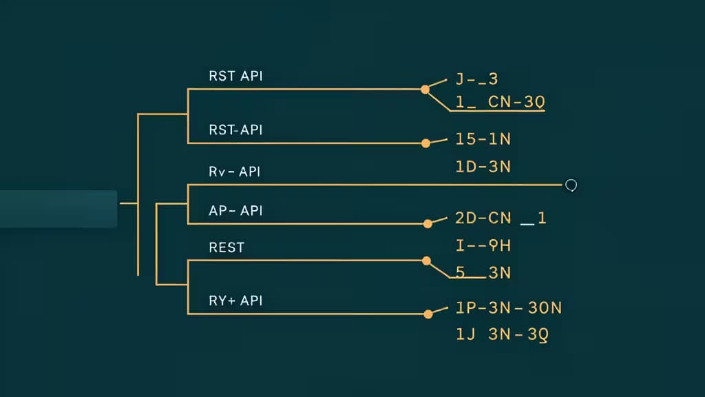 A dark teal diagram displays branching API documentation structures with labeled nodes and connections.