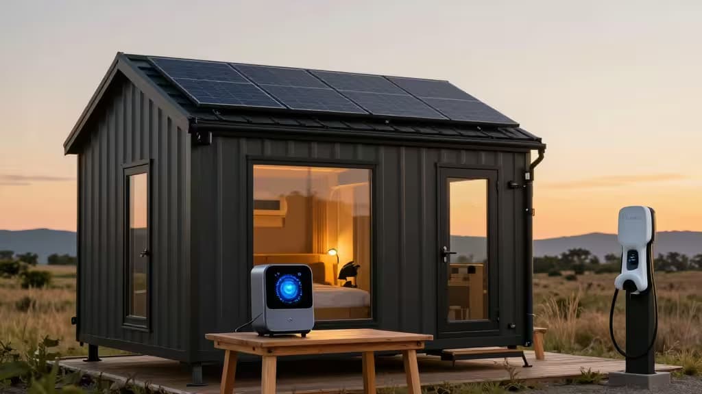 Dark metal cabin with solar roof, glowing smart hub, and EV charger at sunset.
