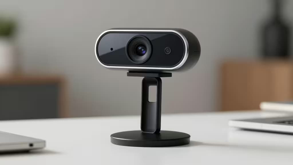 A modern webcam on a clean desk with soft studio lighting, set up for a professional video call.