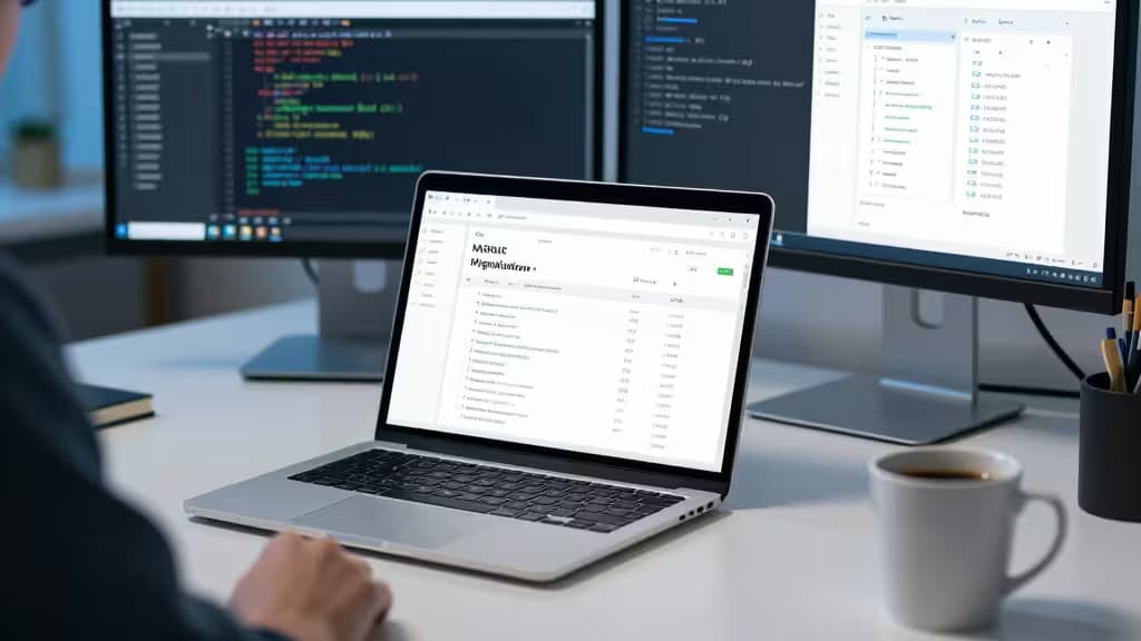 Ноутбук с интерфейсом миграции MySQL, окружённый мониторами с кодом и схемами баз данных