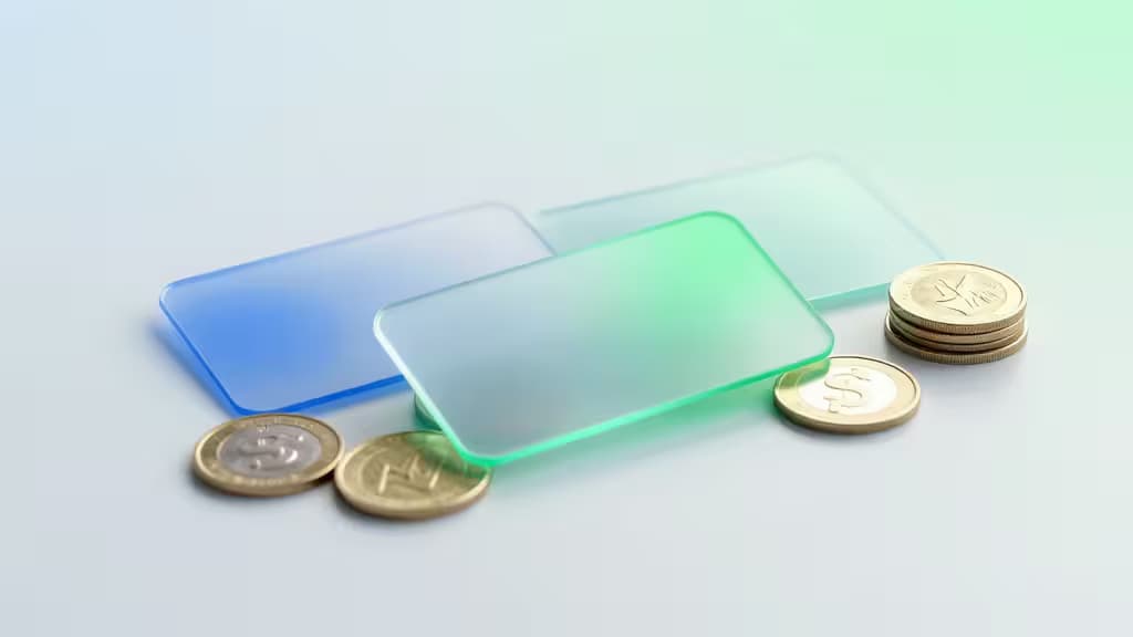 Translucent blue and green fintech cards rest beside gold coins on a clean white surface, symbolizing fee-free business banking.