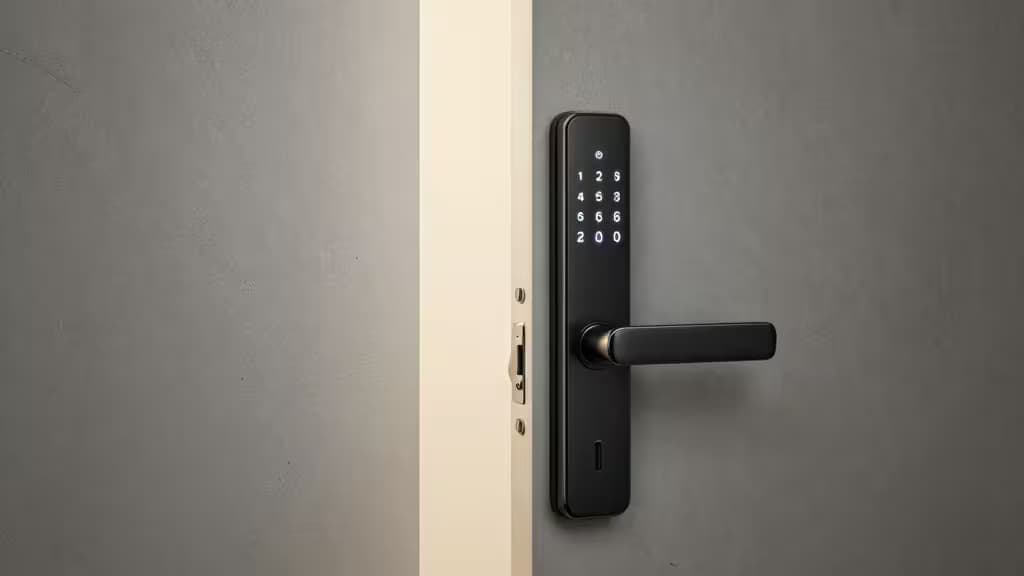 Matte black smart lock with illuminated keypad and lever handle mounted on gray door.