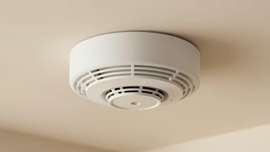 A modern white smart smoke detector mounted on a ceiling in a softly lit minimalist home interior.