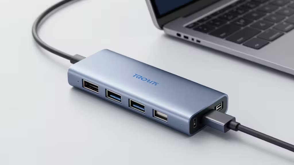 A blue TROMIX USB-C hub with multiple ports sits on a white desk, connected to a laptop via a black cable.